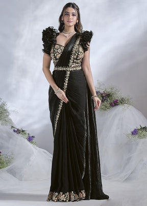 Black Satin Silk Saree With Blouse Piece