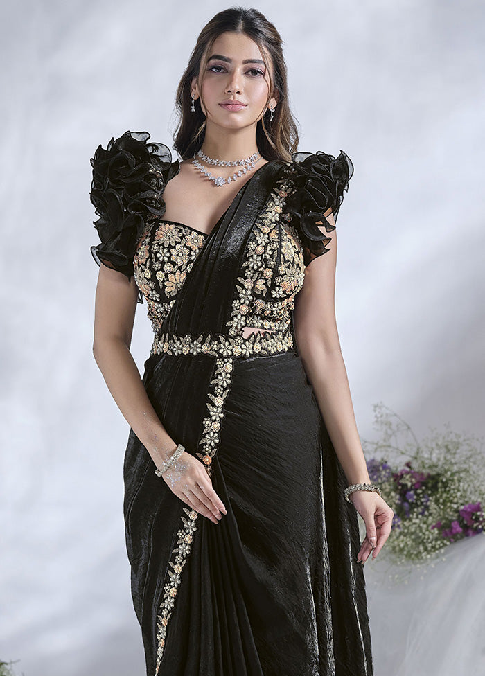 Black Satin Silk Saree With Blouse Piece