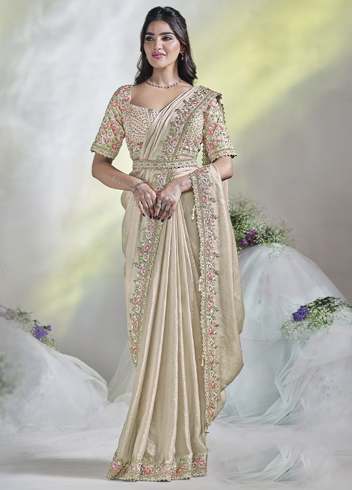 Cream Satin Silk Saree With Blouse Piece