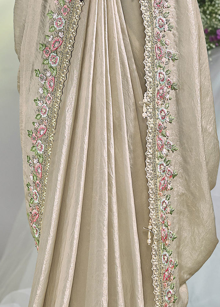 Cream Satin Silk Saree With Blouse Piece