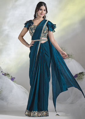 Teal Blue Satin Silk Saree With Blouse Piece