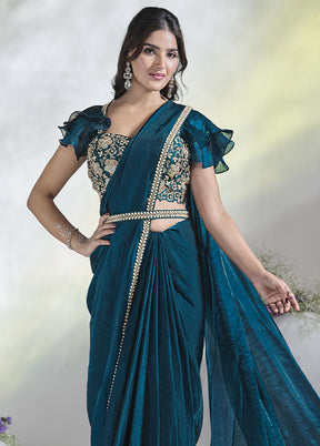 Teal Blue Satin Silk Saree With Blouse Piece