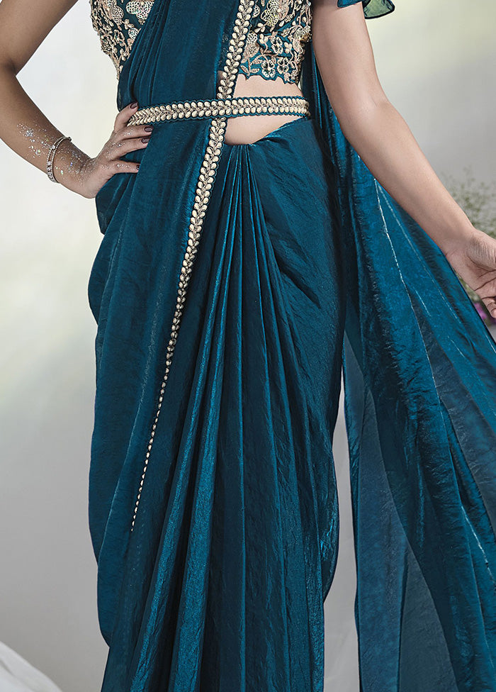 Teal Blue Satin Silk Saree With Blouse Piece