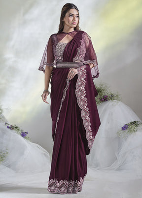 Wine Crepe Silk Saree With Blouse Piece