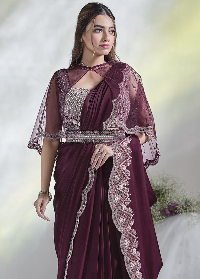 Wine Crepe Silk Saree With Blouse Piece