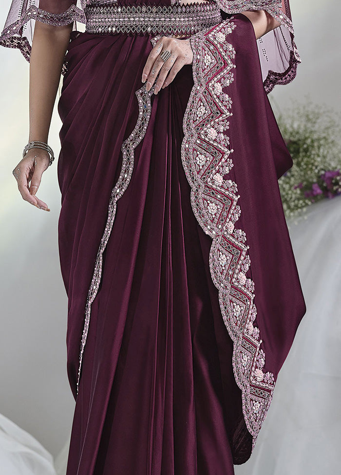 Wine Crepe Silk Saree With Blouse Piece