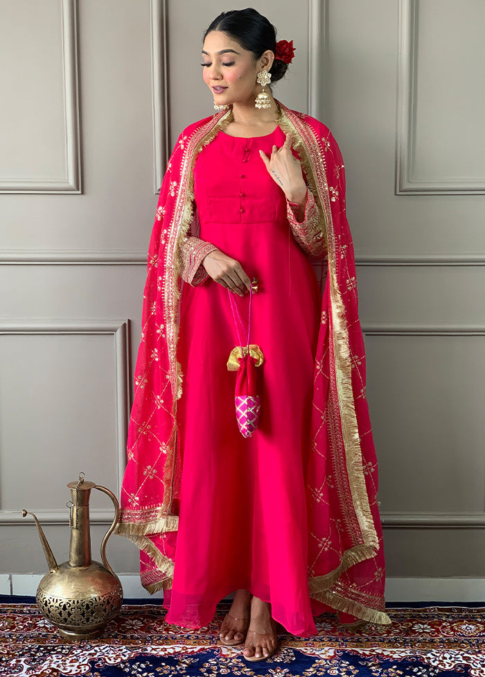 3 Pc Pink Readymade Georgette Dupatta Suit Set