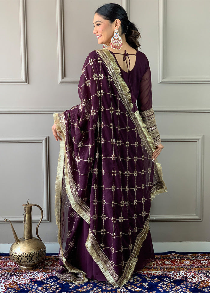 3 Pc Wine Readymade Georgette Dupatta Suit Set