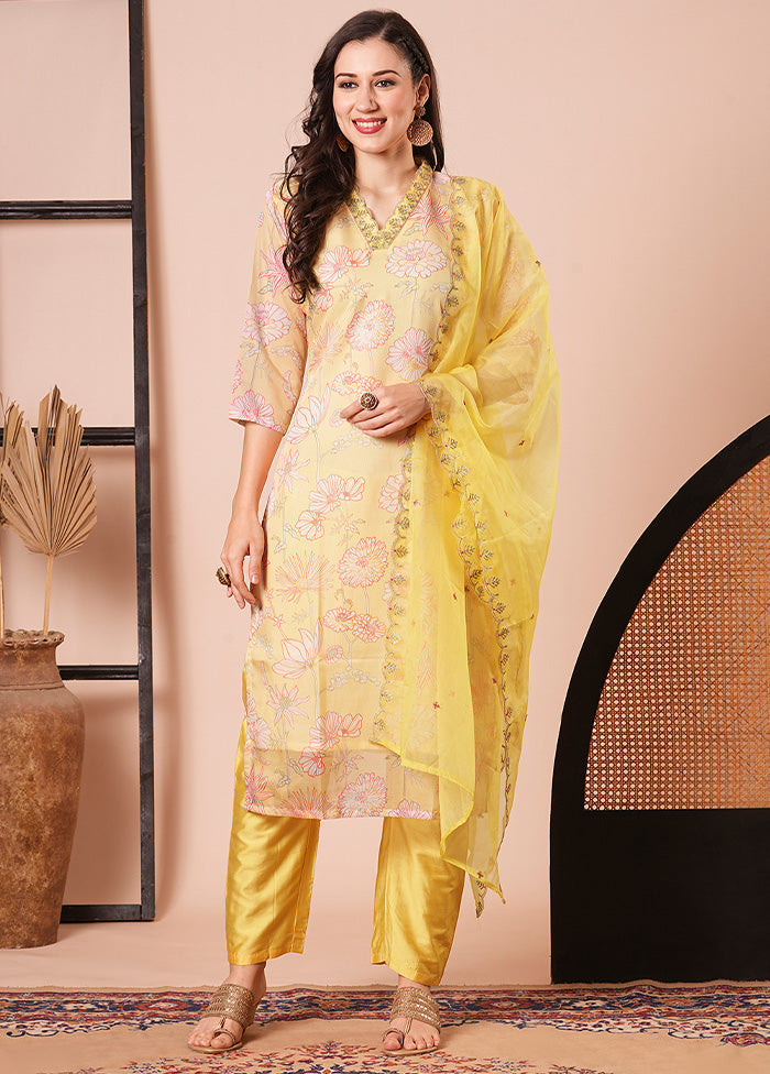 3 Pc Yellow Readymade Silk Dupatta Suit Set