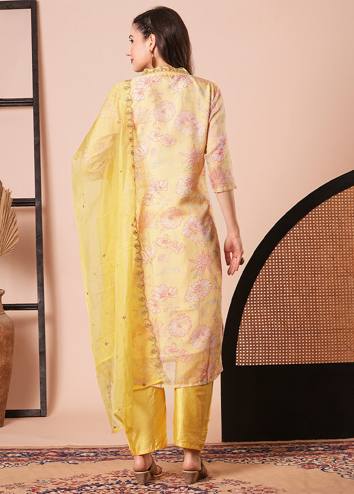 3 Pc Yellow Readymade Silk Dupatta Suit Set