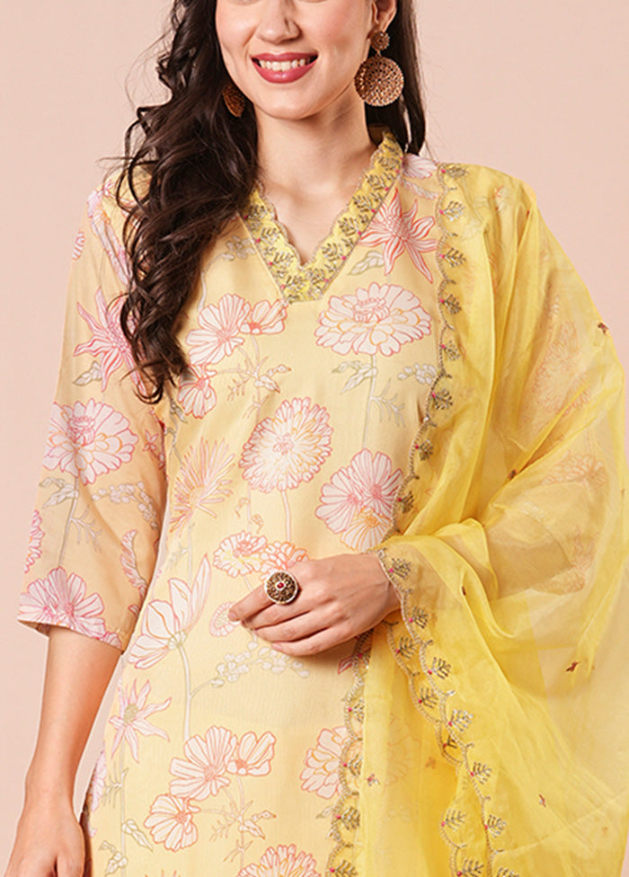 3 Pc Yellow Readymade Silk Dupatta Suit Set