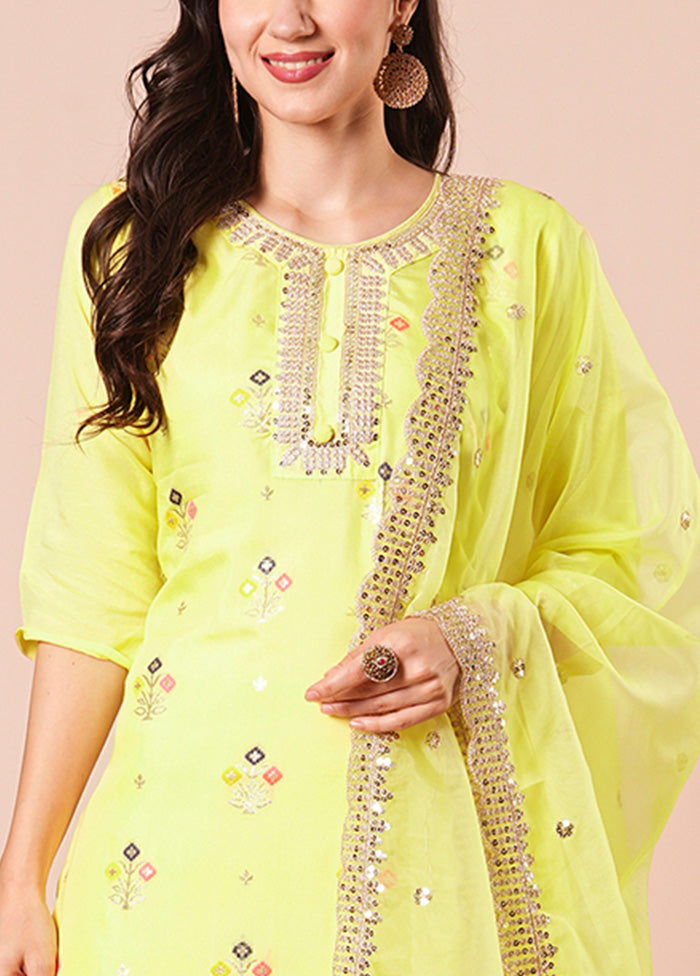 3 Pc Yellow Readymade Viscose Dupatta Suit Set