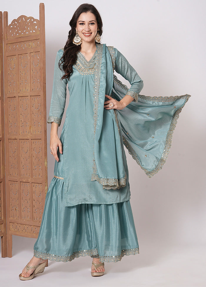 3 Pc Blue Readymade Silk Dupatta Suit Set