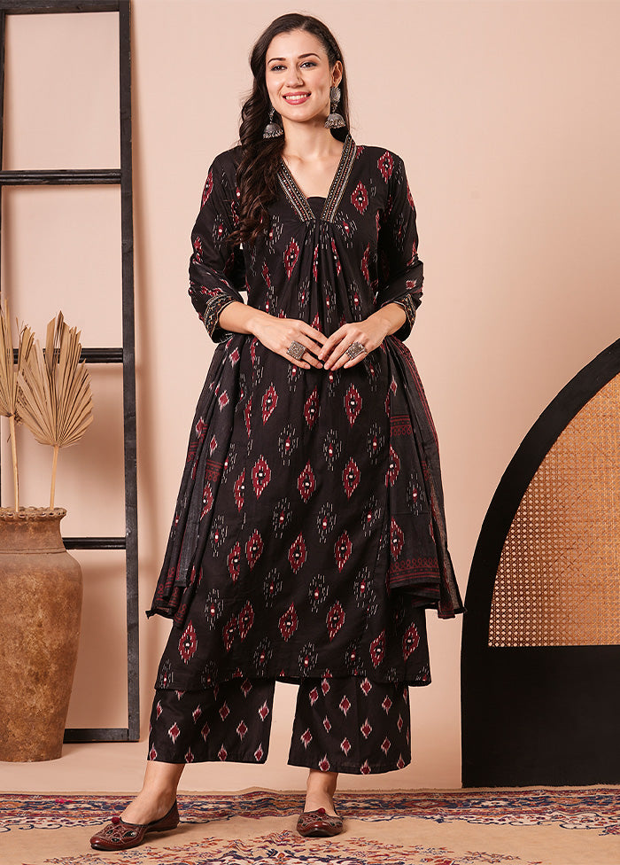 3 Pc Black Readymade Cotton Dupatta Suit Set