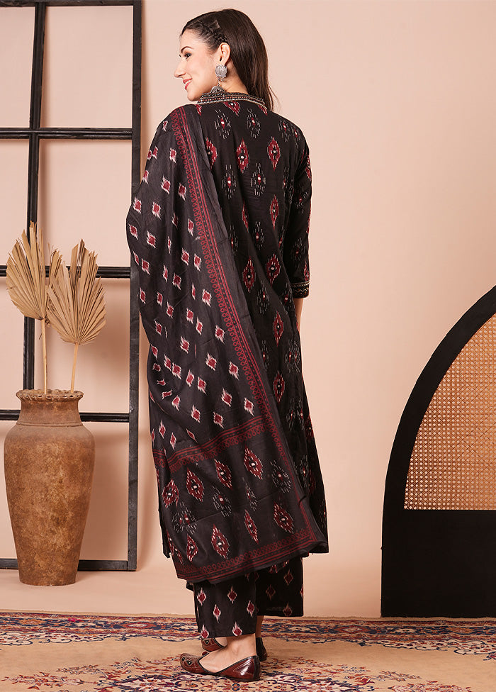 3 Pc Black Readymade Cotton Dupatta Suit Set