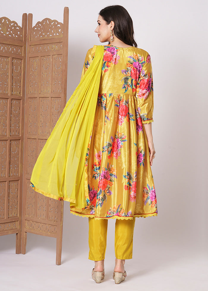 3 Pc Yellow Readymade Silk Dupatta Suit Set