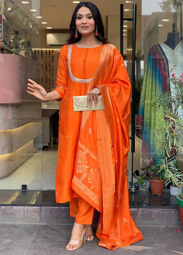 3 Pc Orange Readymade Viscose Dupatta Suit Set