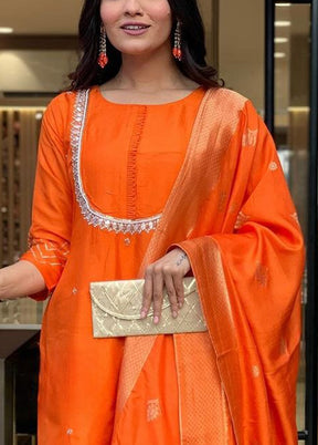 3 Pc Orange Readymade Viscose Dupatta Suit Set