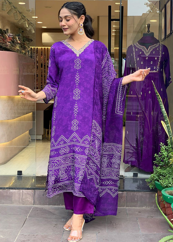 3 Pc Purple Readymade Silk Dupatta Suit Set