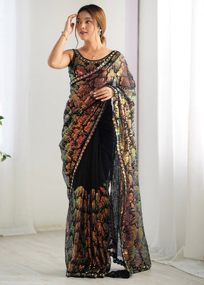 Black Net Net Saree With Blouse Piece