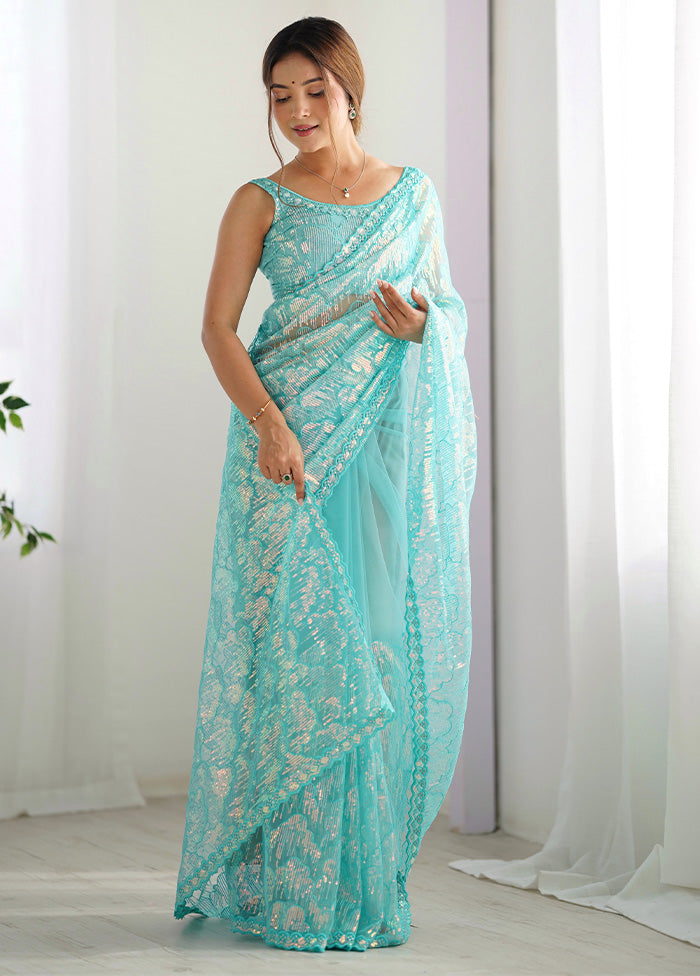 Sky Blue Net Net Saree With Blouse Piece