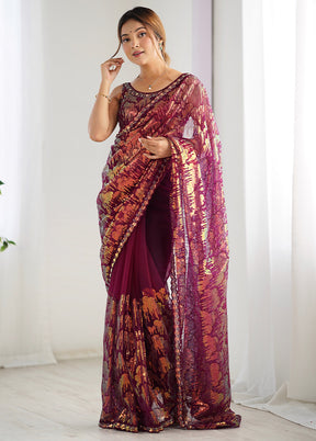 Wine Net Net Saree With Blouse Piece