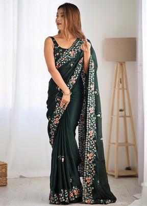 Green Satin Silk Saree With Blouse Piece