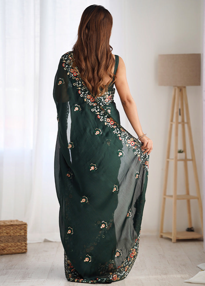 Green Satin Silk Saree With Blouse Piece