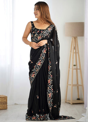 Black Satin Silk Saree With Blouse Piece