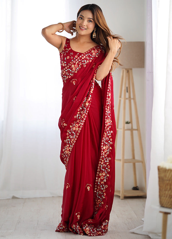 Maroon Satin Silk Saree With Blouse Piece