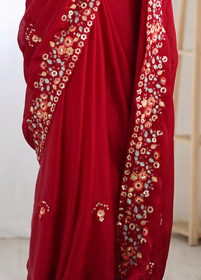 Maroon Satin Silk Saree With Blouse Piece