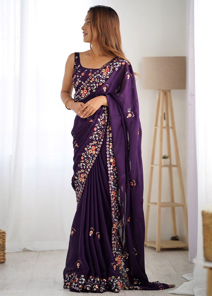 Purple Satin Silk Saree With Blouse Piece