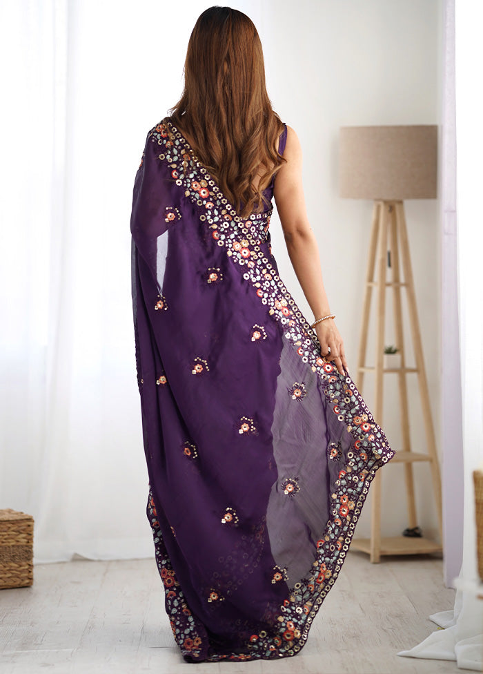 Purple Satin Silk Saree With Blouse Piece