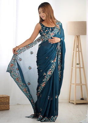 Teal Blue Satin Silk Saree With Blouse Piece