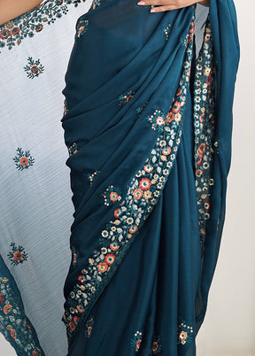 Teal Blue Satin Silk Saree With Blouse Piece