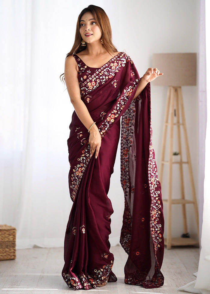 Wine Satin Silk Saree With Blouse Piece