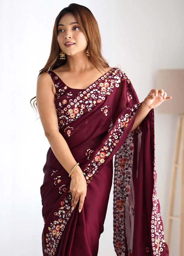 Wine Satin Silk Saree With Blouse Piece