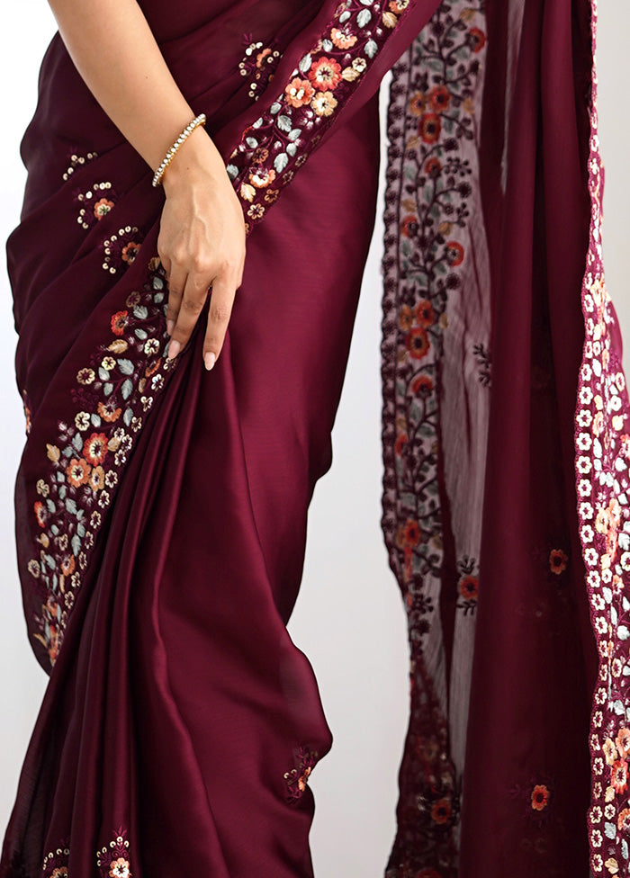 Wine Satin Silk Saree With Blouse Piece