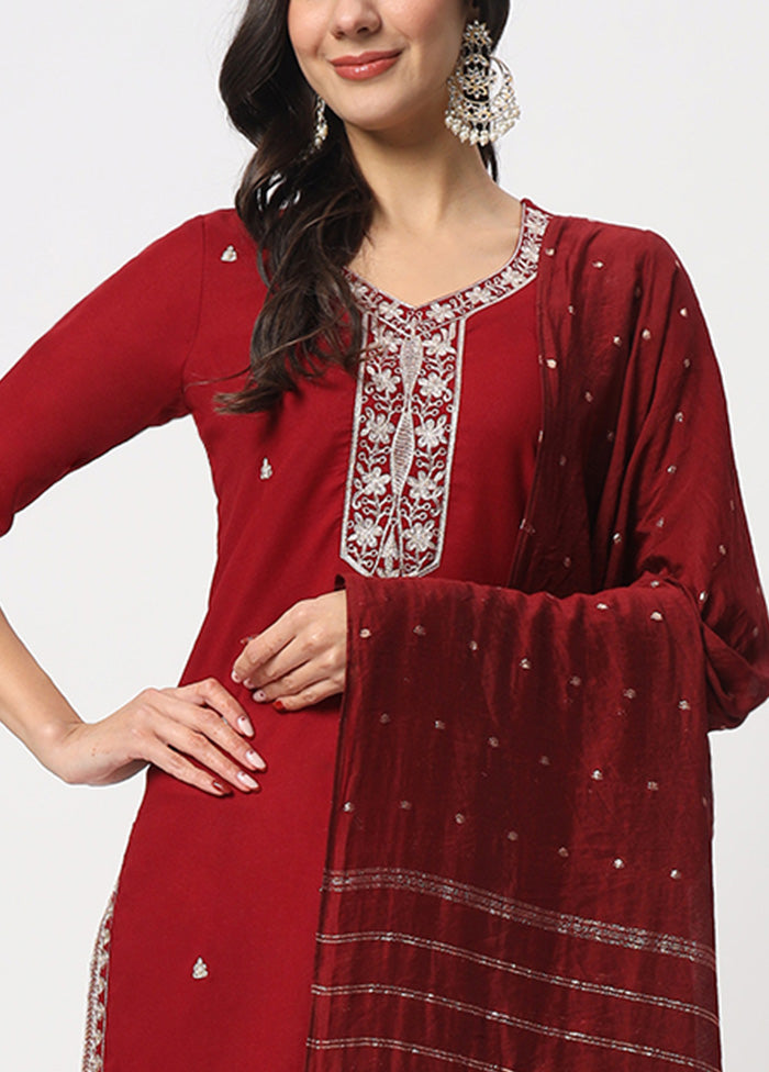 3 Pc Maroon Readymade Cotton Dupatta Suit Set