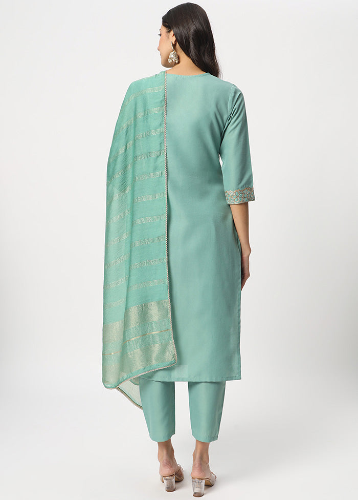 3 Pc Sea Green Readymade Cotton Dupatta Suit Set