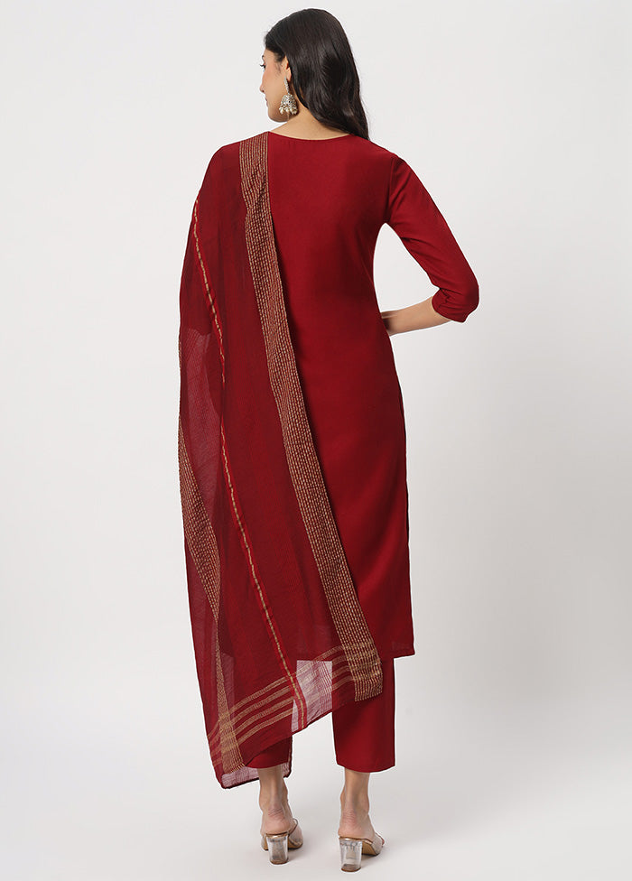 3 Pc Maroon Readymade Cotton Dupatta Suit Set