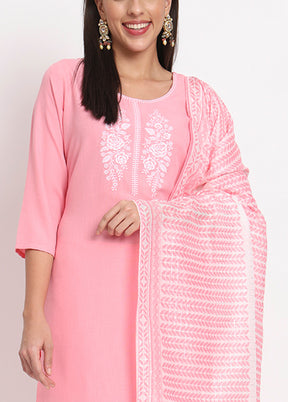 3 Pc Pink Readymade Cotton Dupatta Suit Set