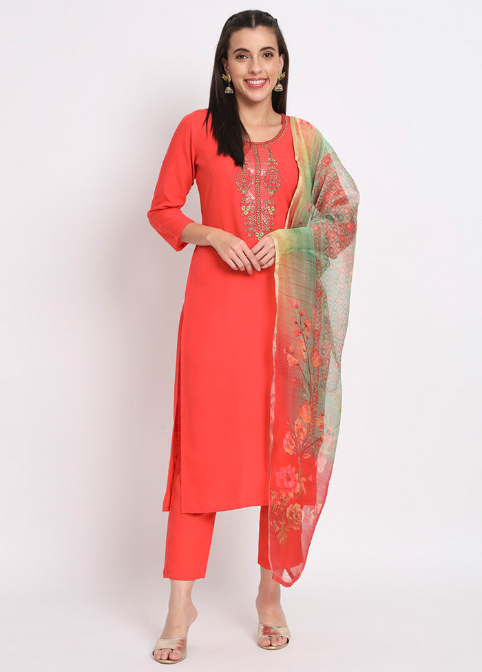 3 Pc Red Readymade Cotton Dupatta Suit Set