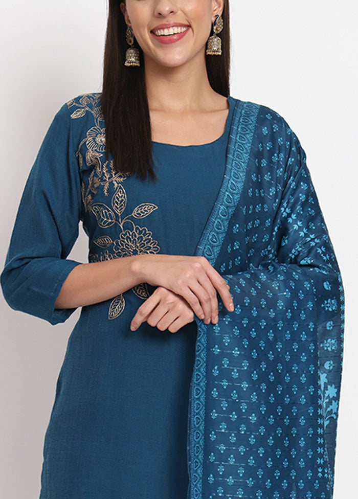 3 Pc Blue Readymade Cotton Dupatta Suit Set