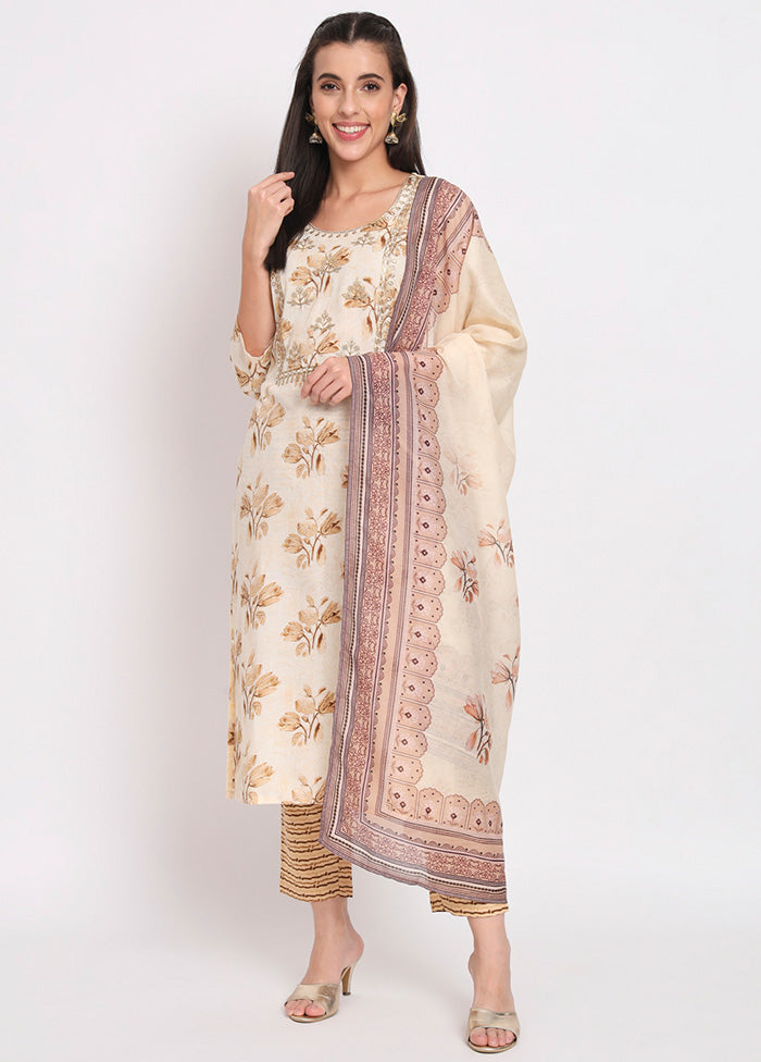 3 Pc Cream Readymade Cotton Dupatta Suit Set