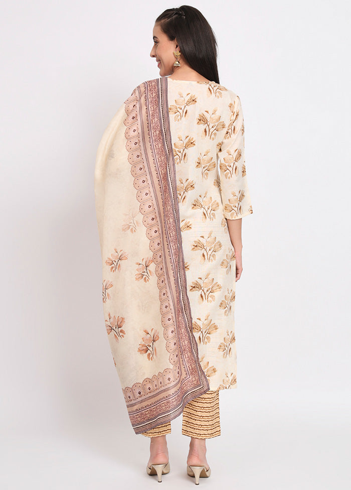 3 Pc Cream Readymade Cotton Dupatta Suit Set