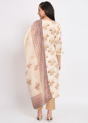 3 Pc Cream Readymade Cotton Dupatta Suit Set