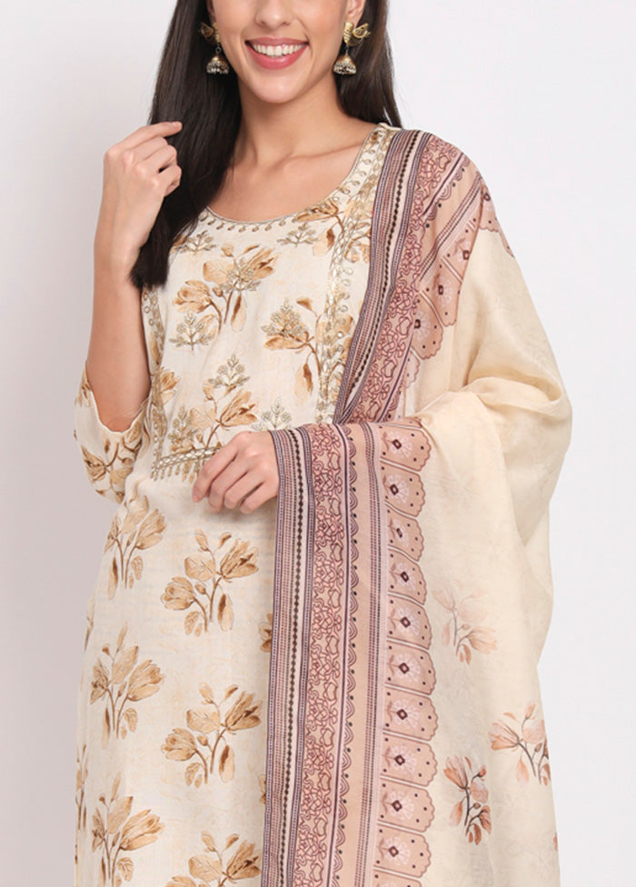 3 Pc Cream Readymade Cotton Dupatta Suit Set