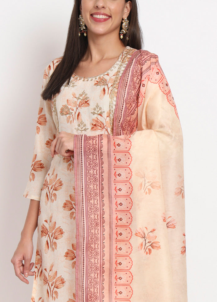 3 Pc Cream Readymade Cotton Dupatta Suit Set