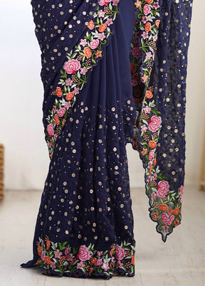 Blue Georgette Saree With Blouse Piece